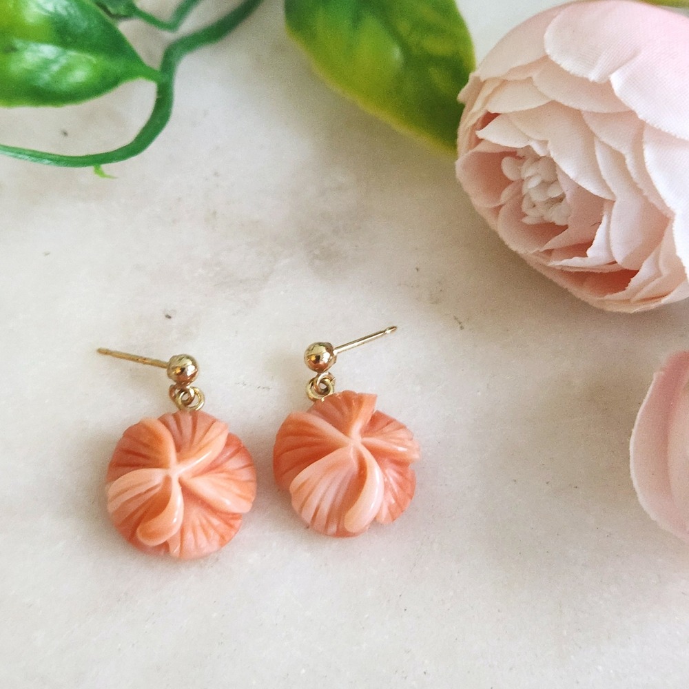 Vintage Carved Angel Skin Coralโ Plumeria Floral Drop Earrings 14k Gold Post
